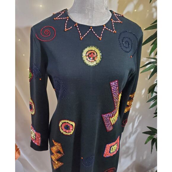 Vtg Liz Claiborne Embellished Sequin Beaded Wool Blend Dress Size SP Artsy Party - Picture 4 of 14